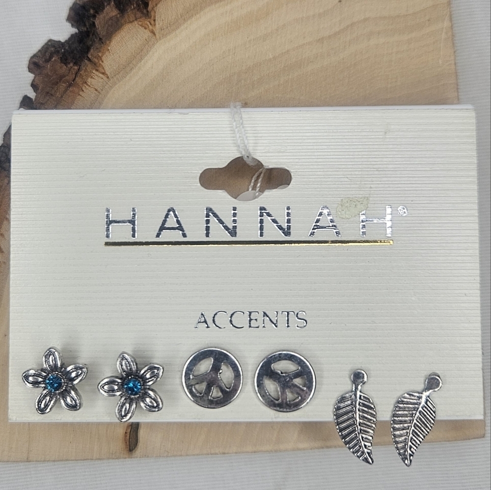 Hannah Accents Flower, Peace Sign, And Leaf Silver Tone Set Of 3 Nwt Retail $24